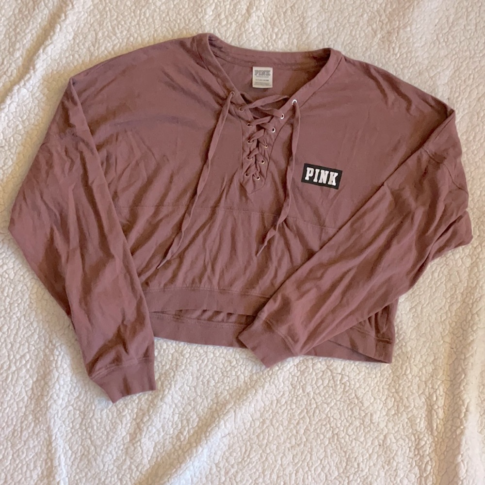 PINK lace front cropped long sleeve tee Size S